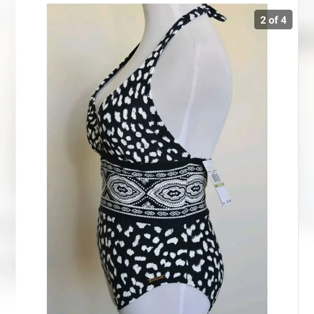 Michael Kors halter Navy/white women's size 10 one piece smooth shaper swimsuit